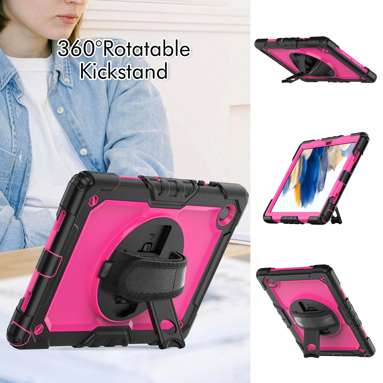 Custodie robuste con cinturino da polso con cavalletto rotante a 360 gradi per Samsung Galaxy Tab A7 10,4 pollici A7Lite 8,7 pollici Cover per tablet antiurto sicura per bambini con protezione per schermo porta penna S