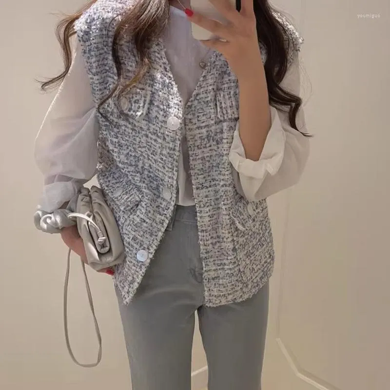 Kamizelki damskie Korea Elegancka jesienna kamizelka tweed płaszcz retro temperament mody bez rękawów.