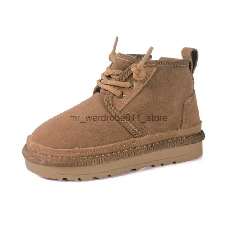 Stiefel Neue Kinder Schneestiefel Echtes Leder Warme Plüsch Schnürung Unisex Jungen Mädchen Warme Stiefel Weiche Sohle Mode Kleinkind Kinder Stiefel Q230926