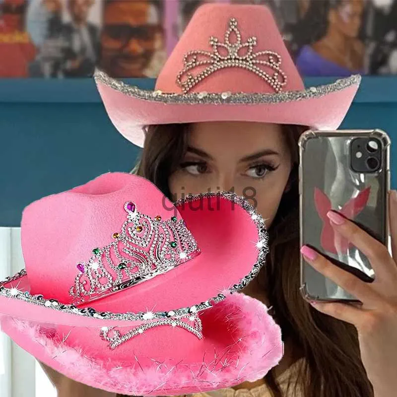 Bollmössor Pink West Cowgirl Hats för kvinnor Cow Girl Hats Tiara Feather Felt Western Sequin Cowboy Hat Costume Party Play Dress Cap X0927