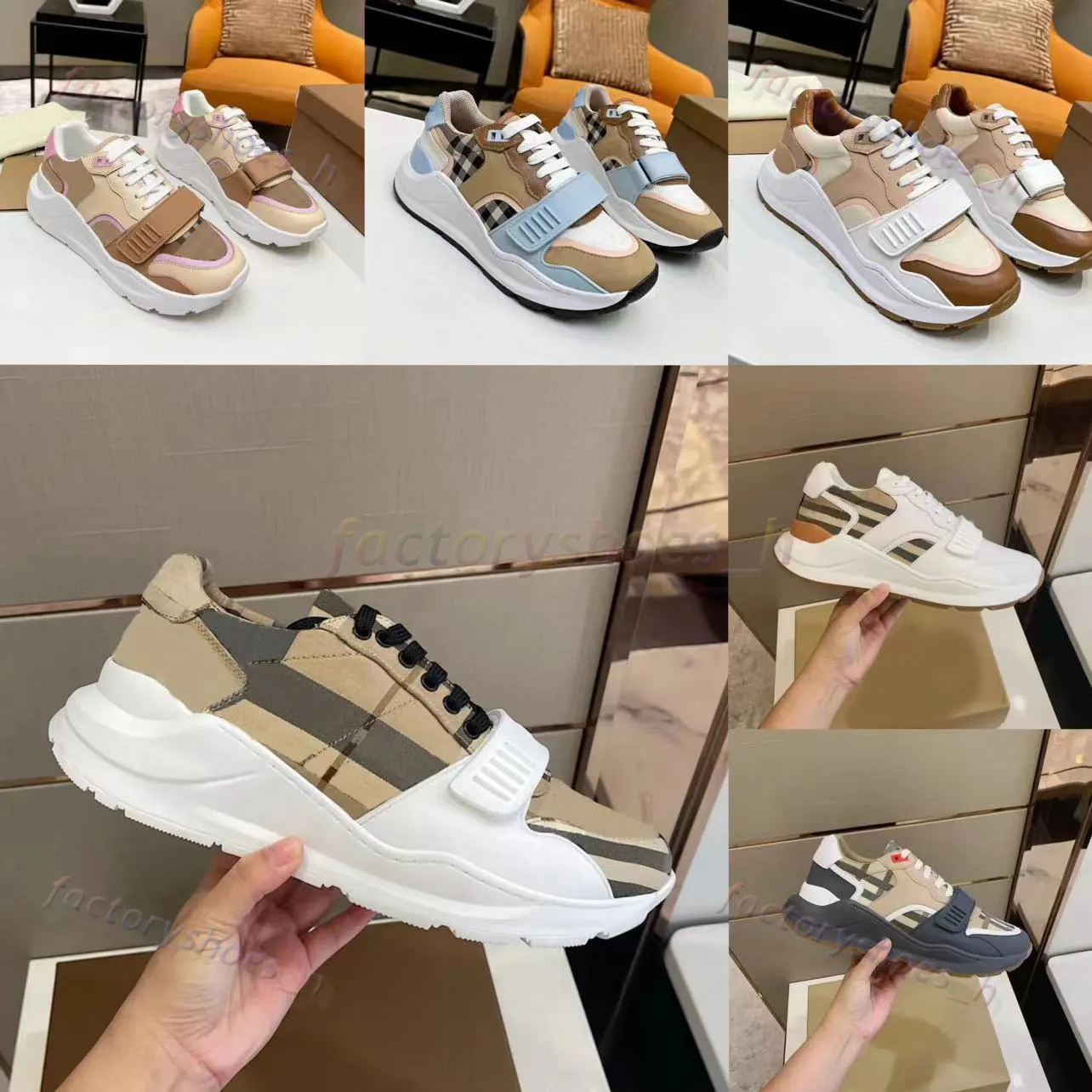 Designer Platform Sneakers Men Women Casual Shoes Cotton Check Striped Vintage Leather Chunky Rubber Trainers