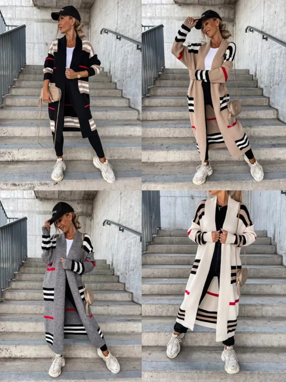 Kadın Sweaters Sonbahar Kış Örgü Hırka Kadın Çizgili Patchwork 2024 Zarif Gevşek Uzun Dış Giyim Maxi Y2K Kazak Ceket Yumuşak Ceket 230927