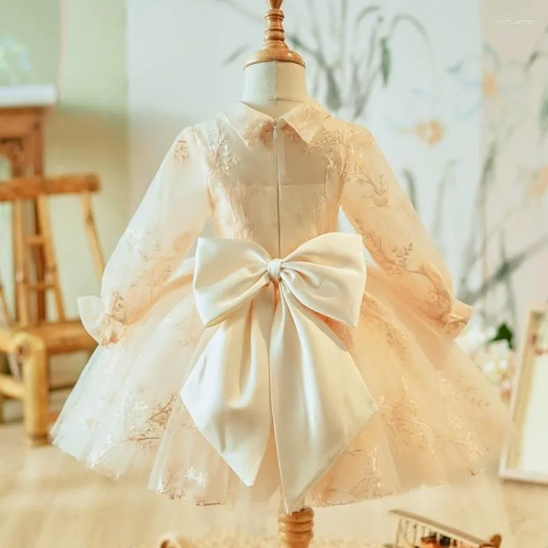 Robes de fille douce et élégante princesse robe de bal robe col rabattu nœud conception fleur à manches longues solide fête d'anniversaire robes