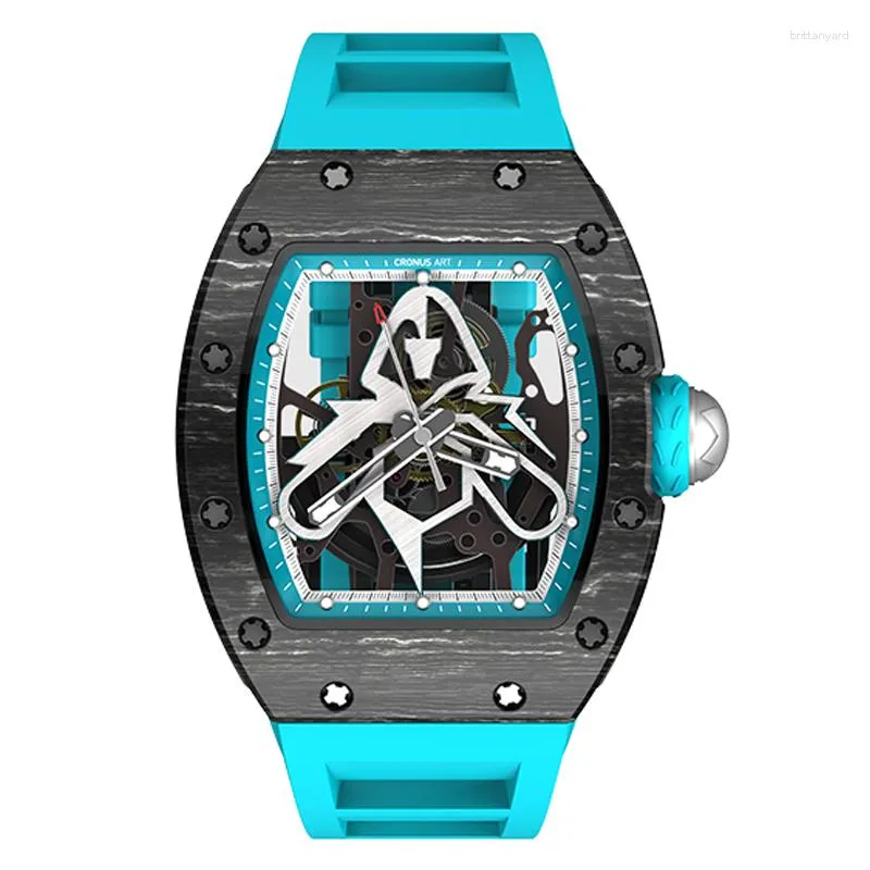 Relógios de pulso Cronusart Homens Relógio Automático Luxo Tonneau Mecânico Relógio de Pulso Caso de Fibra de Carbono Luminoso Fluororubber Strap Skeleton Dial