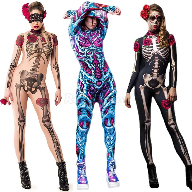 Tema kostym halloween rose skelett cosplay jumpsuit kvinnor sexig skrämmande skalle spöke specter kostym flickor 3d mänskligt tryck bodysuit s-xl c38x33 230927