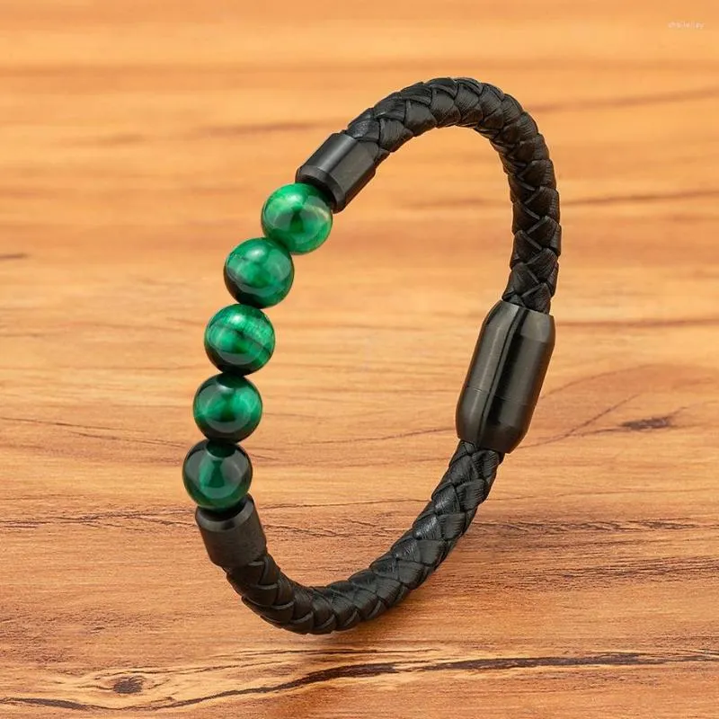 Bracelets de charme Tyo 4 couleurs perles hommes en acier inoxydable tresse véritable bracelet en cuir fermoir magnétique mode tigre oeil conception bracelet cadeau