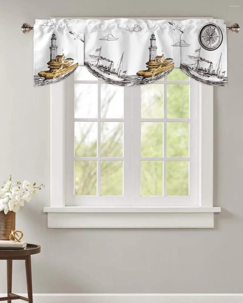 Curtain Retro Illustration Lighthouse Sailing Ship Kitchen Curtains Balcony Adjustable Roman Blinds Small Short For Living Room