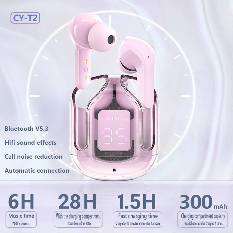 Headset Cy T2 Wireless Bluetooth Headset Transparent ENC Hörlurar Led Power Digital Display Stereo Sound Earphones for Sports Working 230927