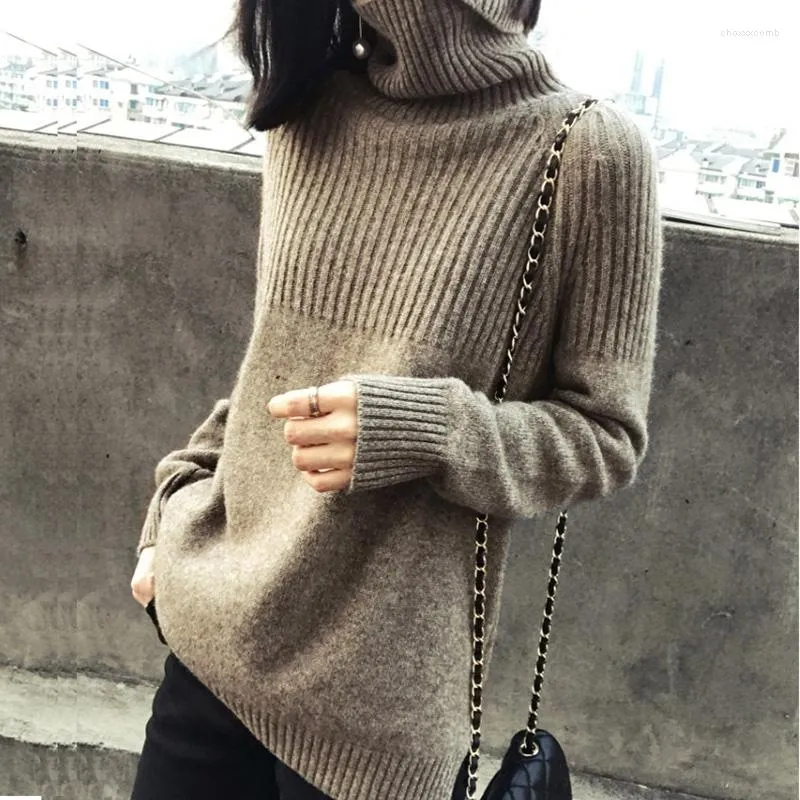 Kvinnors tröjor 2023 Fashion Knit Harajuku Fall Clothes Winter Korean tröja Kvinnor Turtleneck värme Pullovers Solid Stretch Rands Top