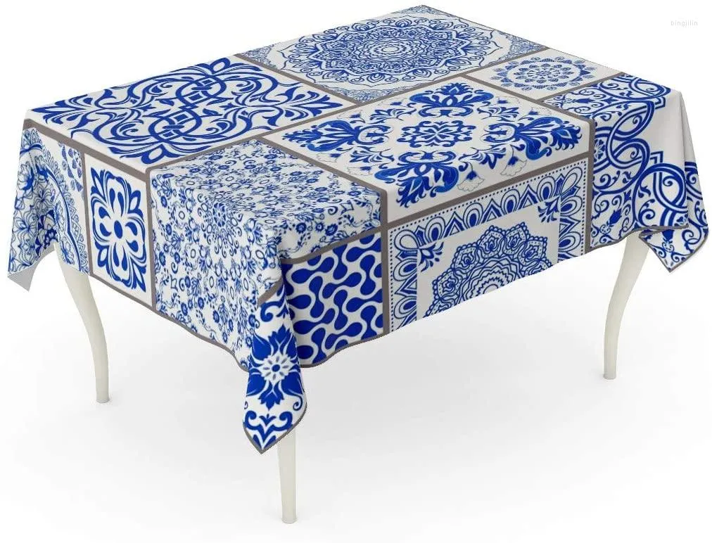 Masa bezi Patchwork Victoria Motifleri Majolica Pottery Mavi ve Beyaz Azulejo Orijinal Geleneksel Portekiz İspanya Çiçeği