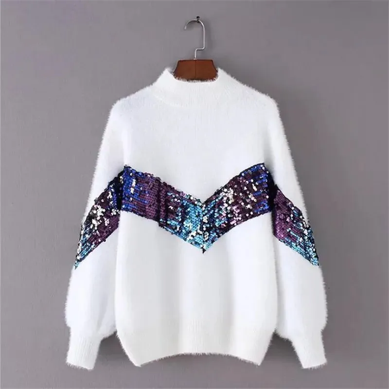 Women's Sweaters 2023 New Women's Sweater Autumn And Winter New Fashion Half-high Collar Mohair Embroidery Sequins Lantern Sleeve Sweater 230927