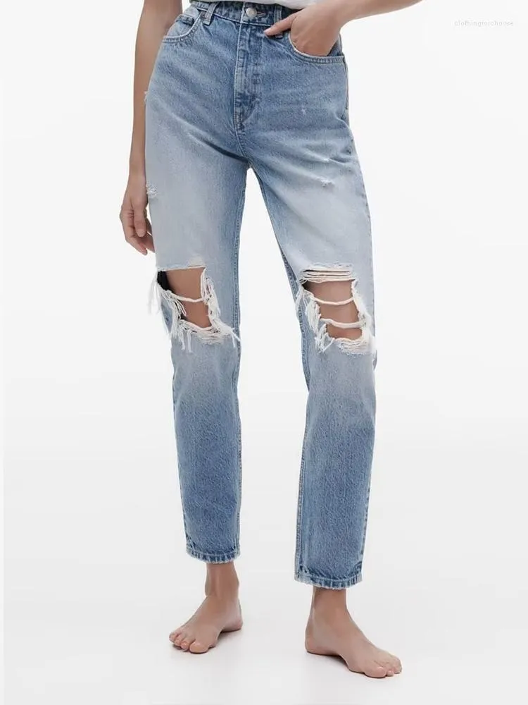 Jean femme 2023 trou décoré Version ample confortable du Denim cent pantalon droit décontracté taille naturelle