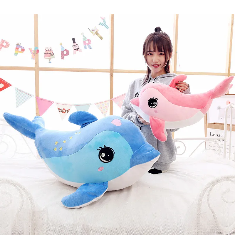 Simpatico peluche a forma di delfino a sette stelle, morbidissimo cuscino in peluche rosa blu opzionale