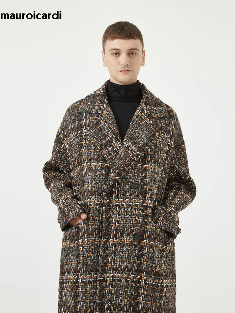 Men's Wool Blends Mauroicardi Autumn Winter Loose Colorful Stylish Warm Tweed Woolen Coat Men Double Breasted Cool Luxury Designer Clothes 230926