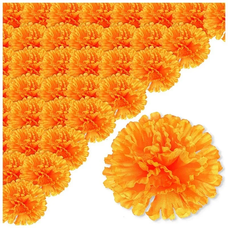 Faux Floral Greenery -3.9Inch Marigold Flowers Artificial Day Of The Dead Flower 50Pcs Fake Marigold Flowers Head For Marigold Garland Making 230926