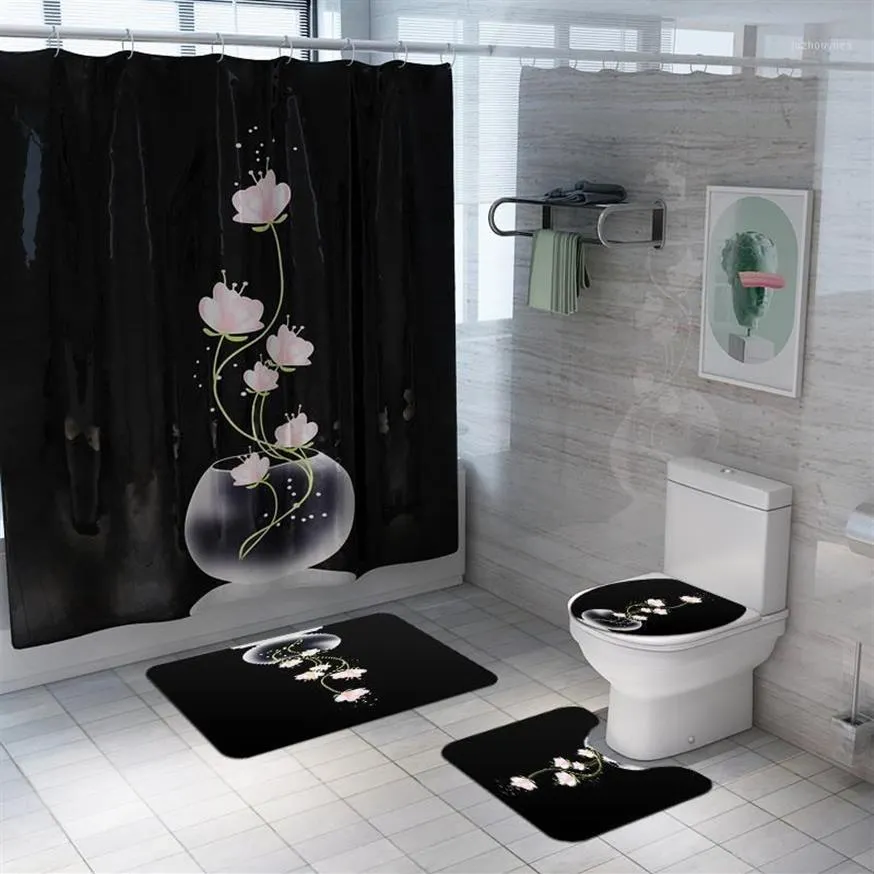 Ästhetischer Lotus Duschvorhang Bodenmatte 4-teiliges Set Badezimmermatte Toilettenabdeckung Kreativer Badezimmervorhang Wasserdichte Trennwand1187F