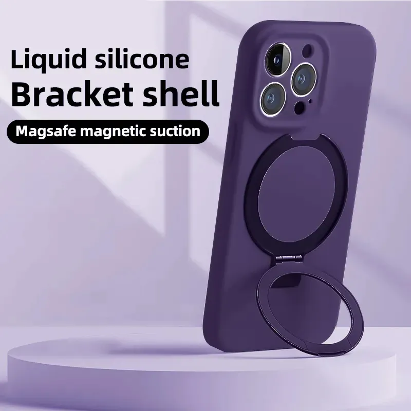 Luxury Liquid Silicone Stand Phone Case For iPhone 15 14 13 12 11 Pro Max Magsafe Magnetic Holder Cellphone Back Funda Cover