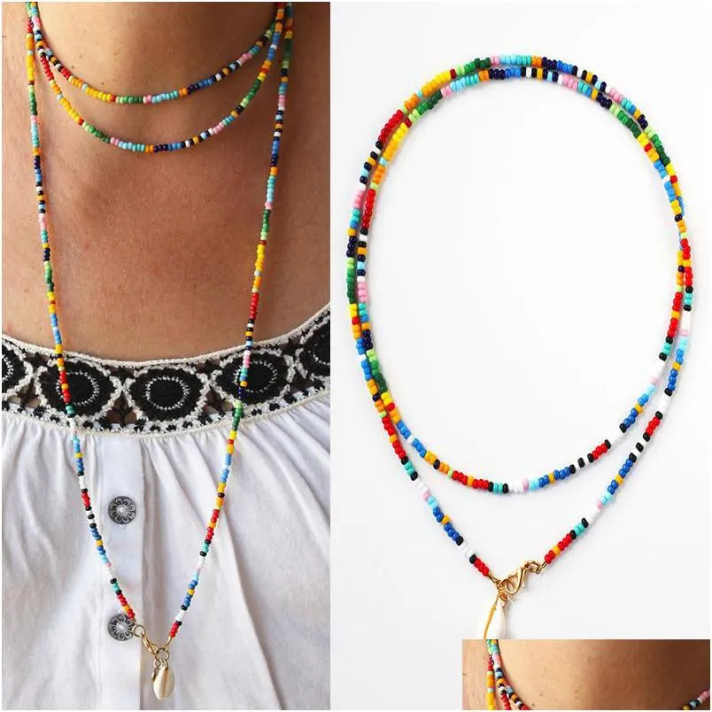 Collares colgantes Colorf Cuentas de arroz Conjunto de conchas Collar Collares largos con cuentas hechas a mano Joyería de mujer Suéter Rosario Gargantilla Cadena C Dhwor