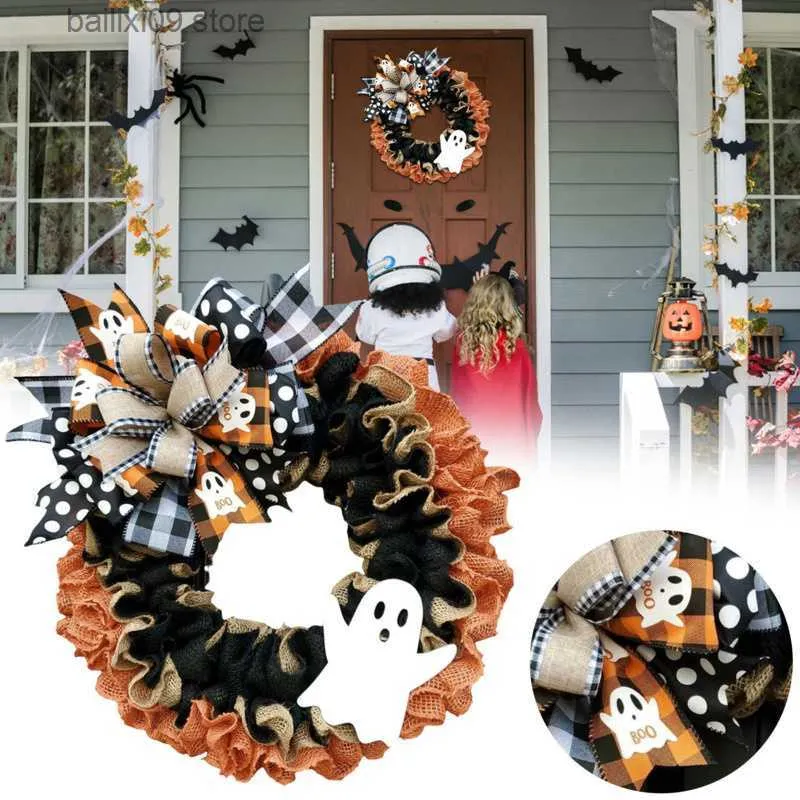 Ghirlande di fiori decorativi Decorazioni di Halloween Fiocco scozzese Ghirlanda di nastri Porta d'ingresso Finestra esterna Porta d'ingresso Ghirlanda Ghirlanda di Natale con ghirlanda inquietante T230927