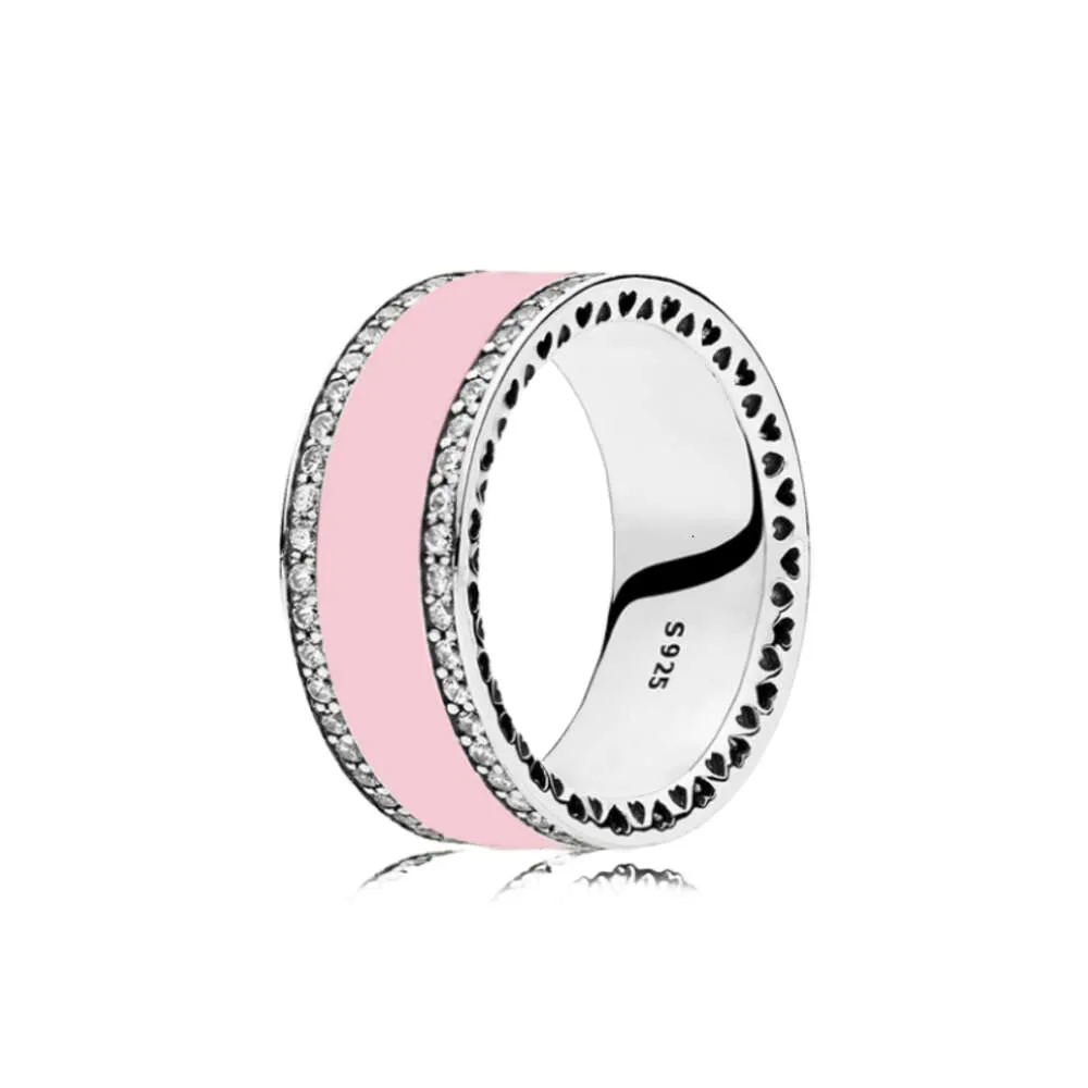 حلقة مصممة النساء باندوارا الجودة الجودة الاسترليني 925 الفضة راديان قلوب الهواء الوردي الأبيض المينا الإسبنيل