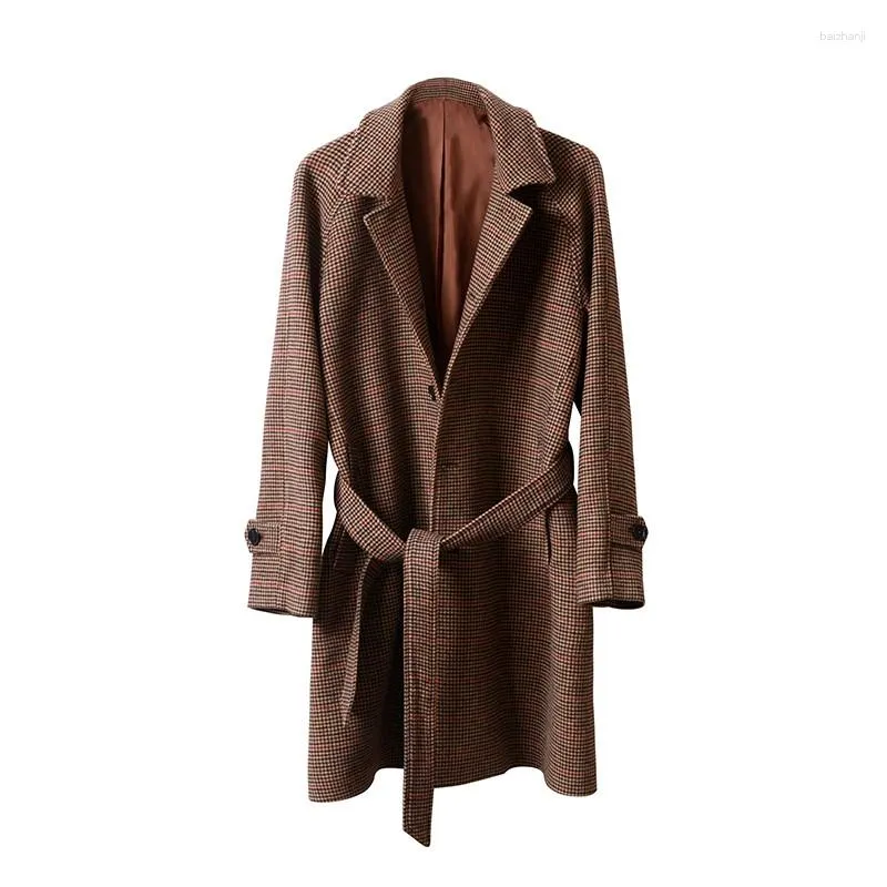 Men's Trench Coats Long Woolen Coat Balmacen Hound's Tooth Cloak Classic Vintage Windbreaker Elegant Man Winter Clothes Streetwear