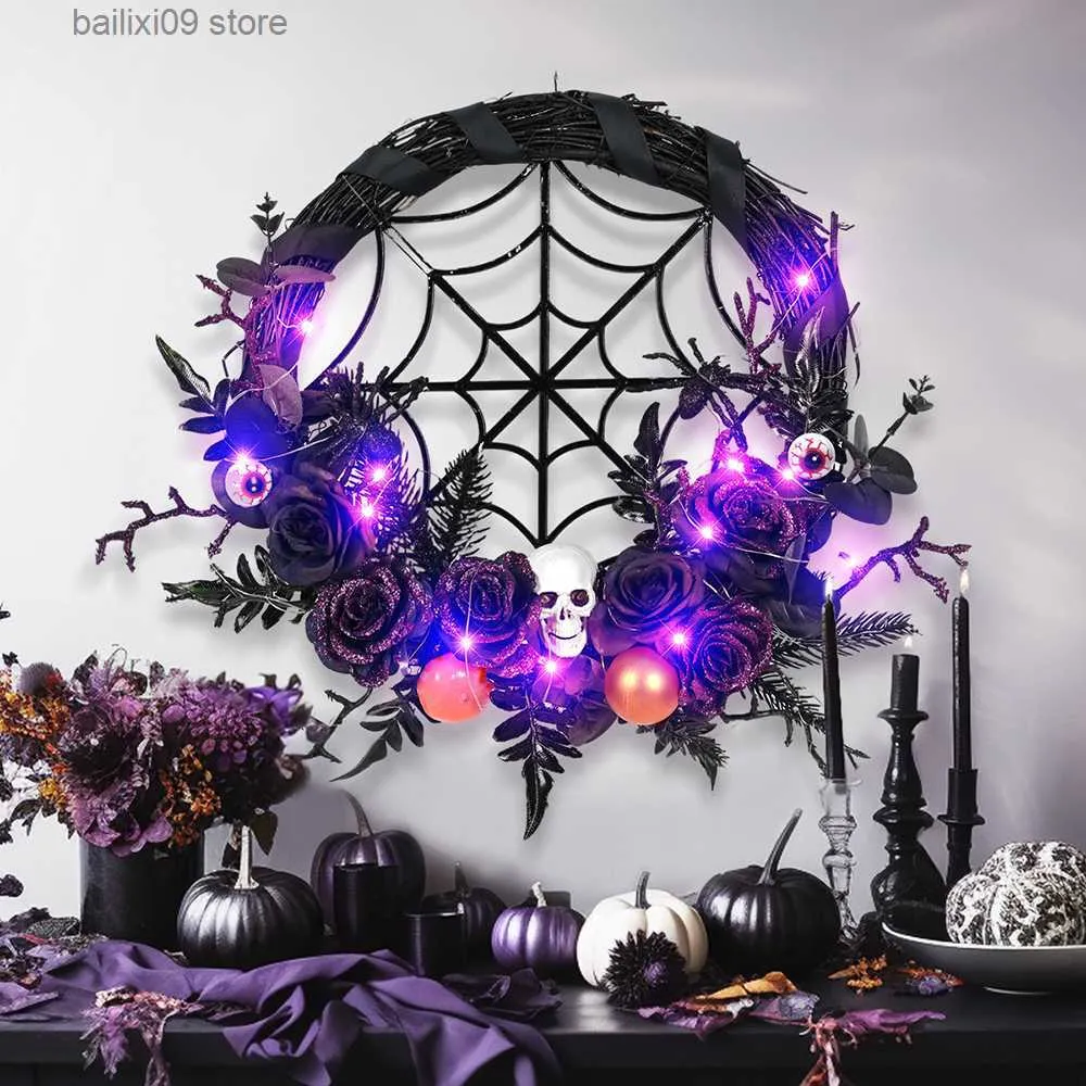 Ghirlande di fiori decorativi Ghirlanda di simulazione di Halloween Corona di rattan Cerchio Fantasma Festival Atmosfera Decorazione Porta di casa Ciondolo Nero Festa di festa Ghirlanda T230927