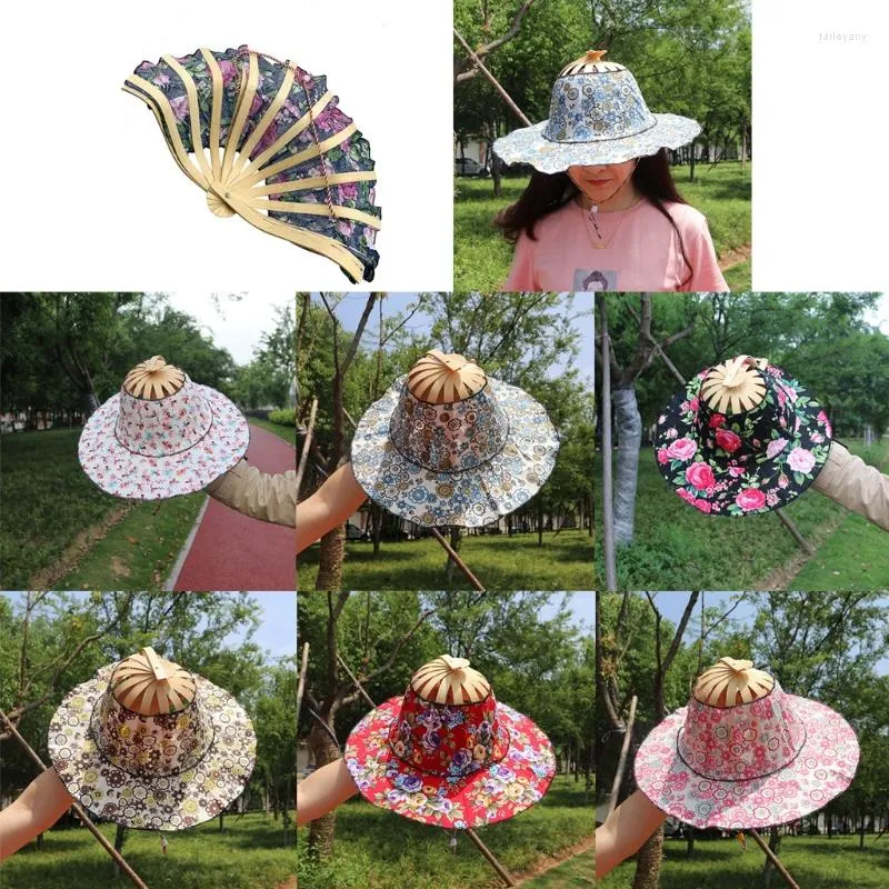 Brede Rand Hoeden 2 In 1 Bamboe Opvouwbare Fan Hoed Voor Vrouwen Meisje Hand Held Zomer Draagbare Reizen Strand Zonnescherm cap Dansen