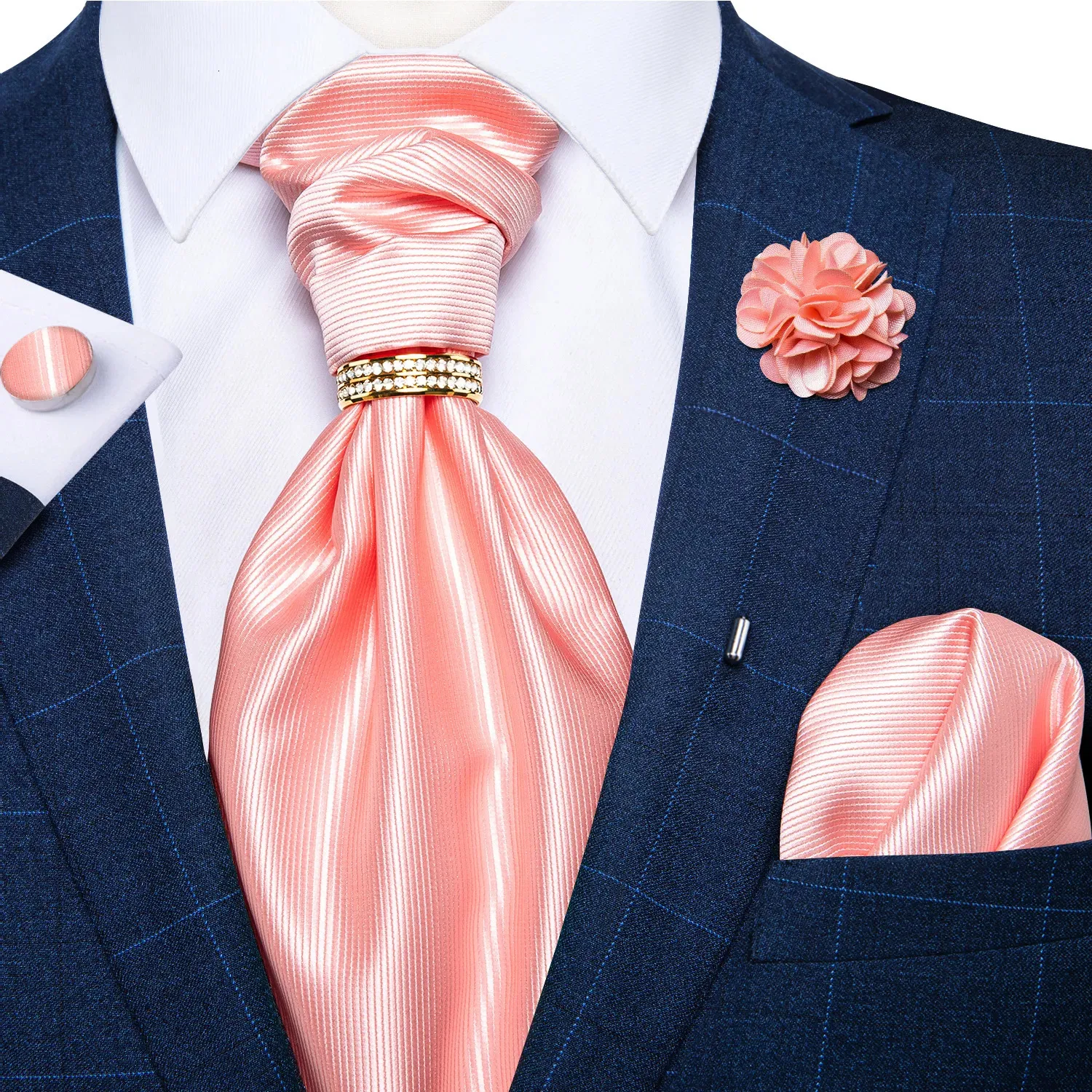 Neck Ties Fashion Ascot Tie for Men Silk Solid Pink Cravat Necktie Ring Brooch Set for Wedding Party Man Suit Accessories Male Scarf Gift 231013