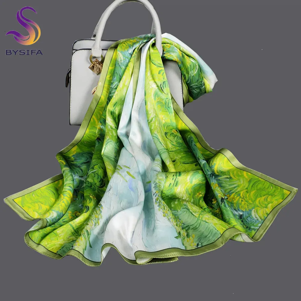 Scarves BYSIFA|Brand Blue Green Silk Scarf Bufanda Women's Fashion Green Field Design Pure100% Silk Scarf Shawl Echarpe 170*53cm 230927