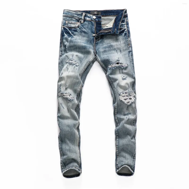 Herr jeans street modedesigner män retro ljusblå stretch dragkedja byxor lappade mager rippade hiphop -märke byxor 8290
