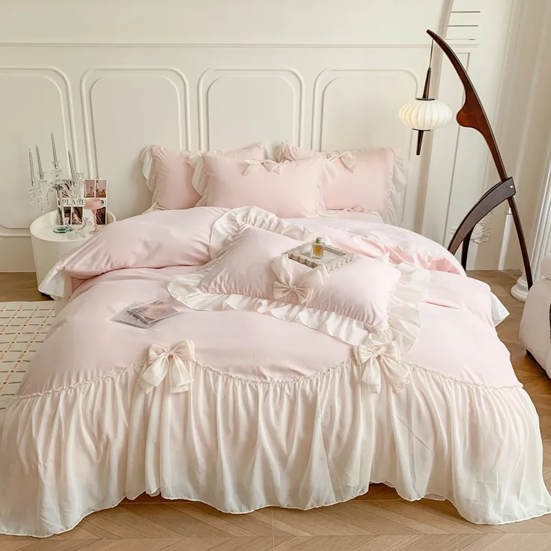 Set biancheria da letto in pizzo chiffon stile coreano Rosa Francia Romantica principessa Biancheria da letto da sposa Volant Fiocco Copripiumino morbido Lenzuolo Federe Tessili per la casa Migliore qualità