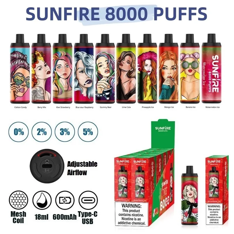 Original Sunfire 8000 Puffs engångsvapspenna E-cigarett med luftflödeskontroll Mesh-spole 850mAh Type-C uppladdningsbart batteri 18 ml Pod Puff 9K Tornado