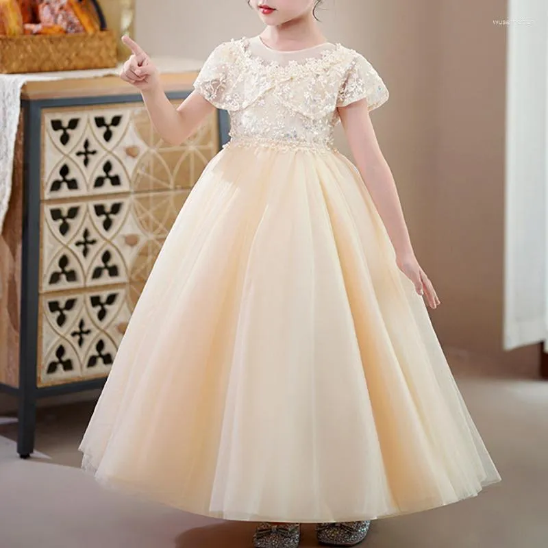 Robes de fille longues champagne fleur filles pour mariages fête gala paillettes perles à manches courtes longueur cheville robe de princesse enfant 2023