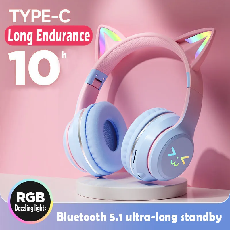 Headsets Cat's Ears Headset RGB Light Smile Face TWS Gradient Headphone Pink Little Girl Earphone Gift Suitable for Any Phone 230927