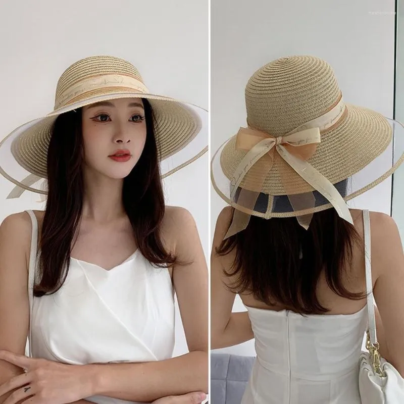 Chapeaux à bord large belle décoration de nœud arc protection solaire élégante vacances d'été dame chapeau accessoire de tête lavable