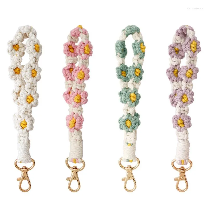 Daisy Flower Keychain Boho Wrist Lanyard Woven Phone Charms Key Ring for  Women