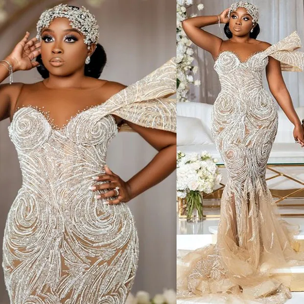 2023 OKT ARABIC ASO EBI Plus Size Champagne Mermaid Wedding Dress Beaded Paljett spets brudklänningar klänningar ZJ254