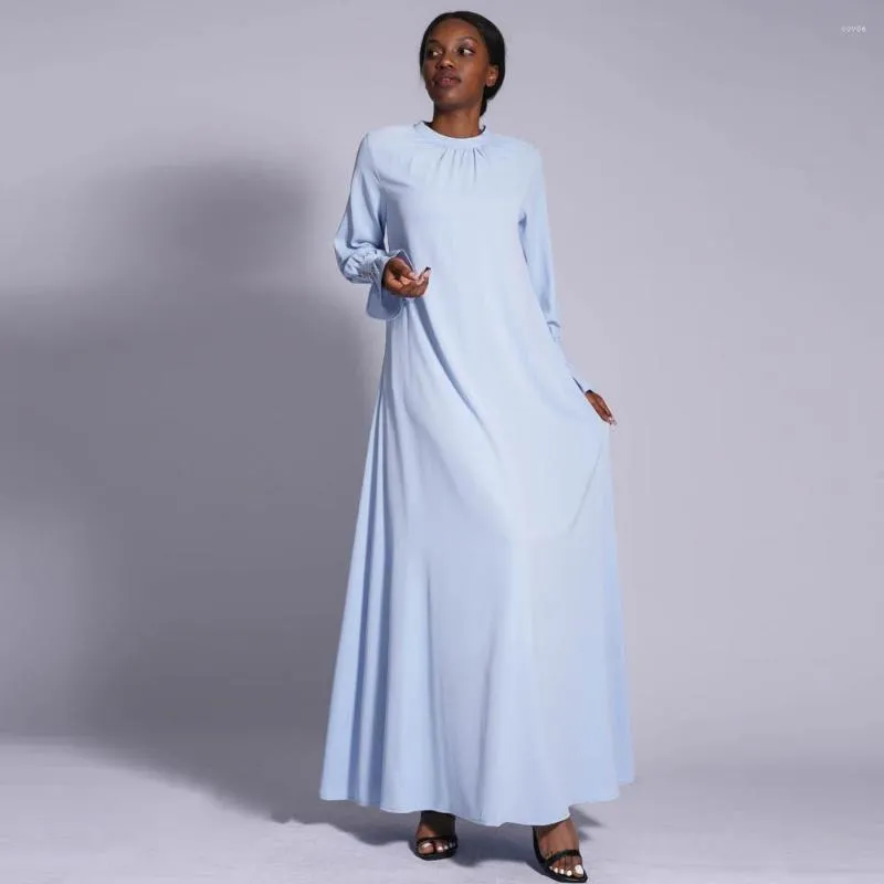 Casual Dresses Summer Solid A-line Dress Women Muslim Simple Lotus Sleeve Abayas Fashion Long Maxi Female Vestidos