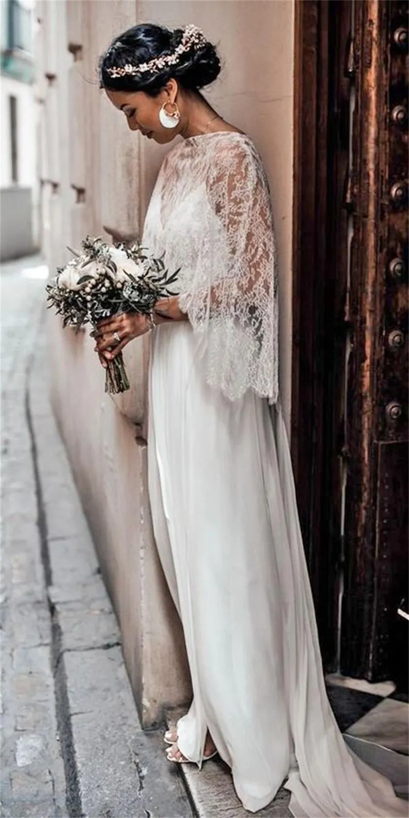 2024 Boho Chiffon A-Line Wedding Dress With Lace Wrap, Spaghetti Straps,  Backless, Long White Beach Bridal Gown - Simple, Elegant Country Bride Dress  from Dhgate A-Line Wedding Dresses - price 139.9