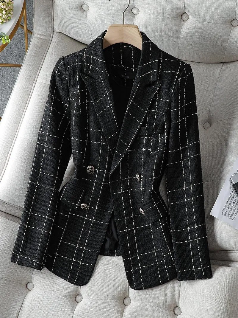 Ternos femininos tamanho grande preto branco xadrez senhoras casual blazer feminino outono inverno manga longa duplo breasted casaco botão jaqueta