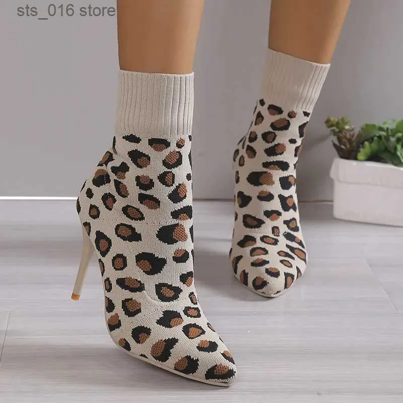 Buty Leopard Print Stretch Fabot Sock Boots Women 2023 Seksowne sztyletowe buty kostki Kobieta Wskazane palce buty na wysokim obcasie Buty Plus43 T230927