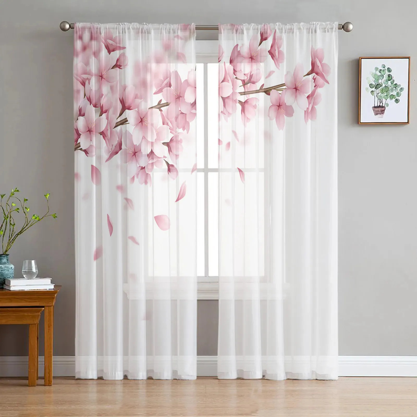 Cortina rosa flor flores de cerejeira branco tule cortinas para sala de estar quarto decoração chiffon sheer voile cozinha janela 230927