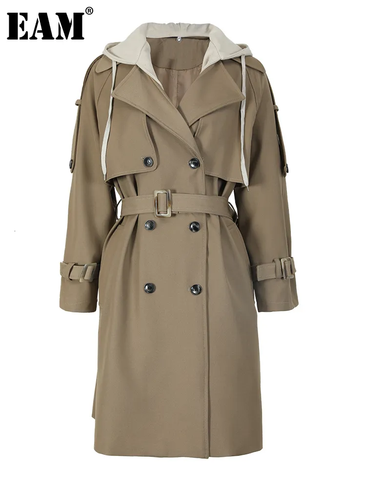 Damen Trenchcoats EAM Frauen Khaki Zweireiher Große Größe Mit Kapuze Langarm Windjacke Mode Frühling Herbst 2R765604 230927