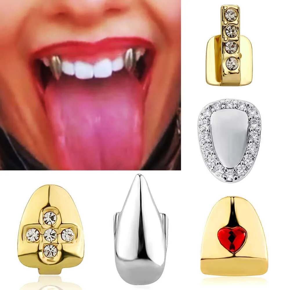 18K Altın Tek Gül Diş Grillz PRESCES PUNK HIP HOP CZ Kübik Zirkonya Çapraz Dişleri Diş Ağız Fang Izgara Diş Kapağı Cosplay Cadılar Bayramı Vampir Rapçi Vücut Takı