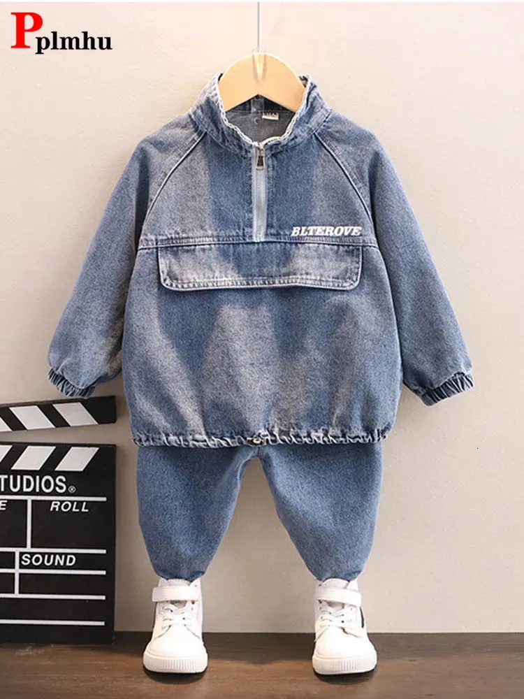 Kleidung Sets Streetwear Denim Sweatshirt Jungen Conjunto Langarm Pullover Tops Kinder Outfit Kinder Jogger Jeans Jogginghose 2 Stück Sets 230927