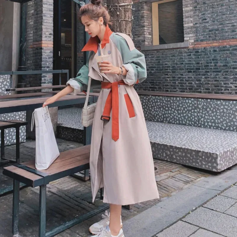 Femmes Trench Coats Contraste Couture Coupe-Vent Moyen Long Printemps Automne Vêtements Version Coréenne Lâche Ceinture Manteau Pour Les Femmes 230927