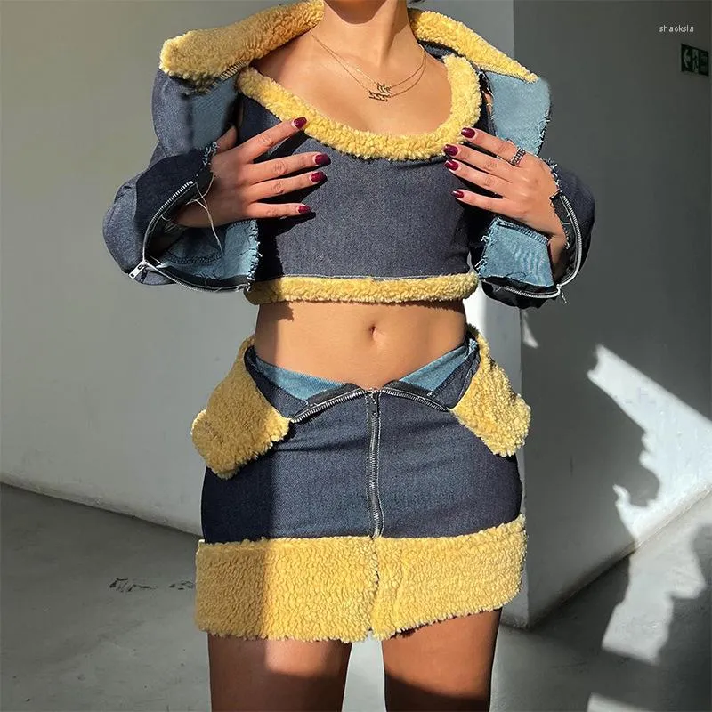 Work Dresses Denim Jacket Sexy Fur 2 Piece Skirt Sets Winter Outfit Y2K Streetwear Mini Jean Dress Crop Tops Two Set