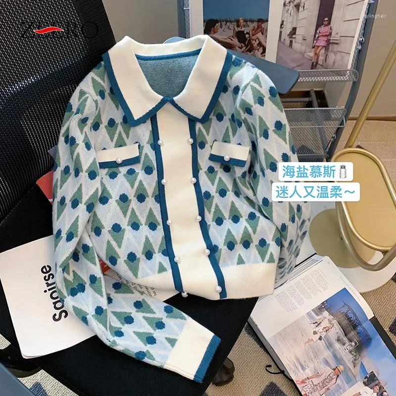 Maglioni da donna Coreano Elegante Donna Piccola fragranza Cardigan lavorato a maglia geometrico Top Donna Primavera Autunno Temperamento Maglione con risvolto di nicchia