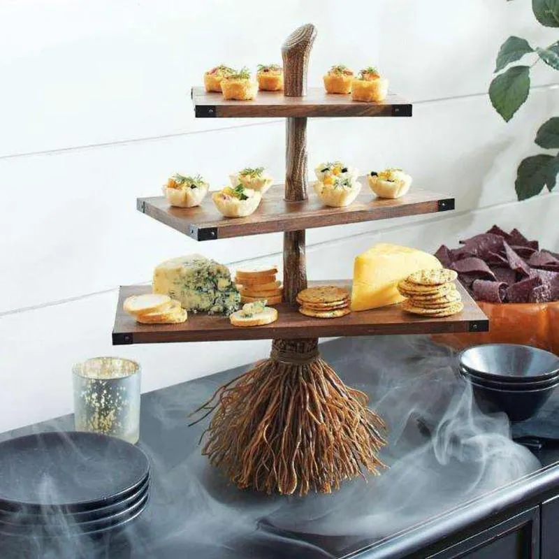 Plates Halloween Resin Broom Tree Root Table Snack Rack Cake Stand Dessert  Fruit Party Display Holder 2024