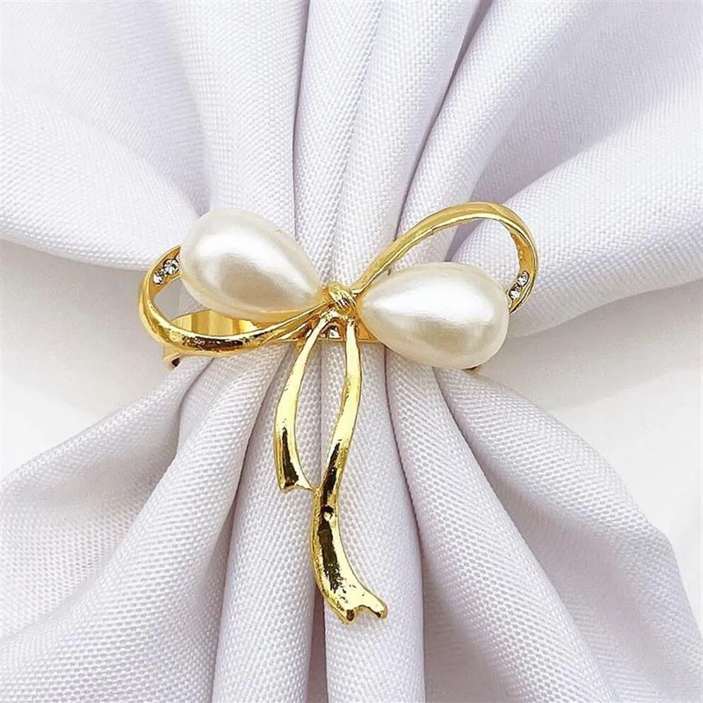 Anelli per tovaglioli 6 pezzi d'oro carino perla a forma di fiocco tovagliolo fibbia per la decorazione della tavola della festa nuziale forniture da cucina226u